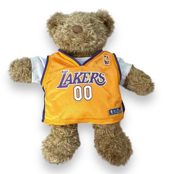 Build A Bear Curly Teddy Bear Brown Paws Vintage Retired Lakers Tank Overall 14" - Picture 13 of 15